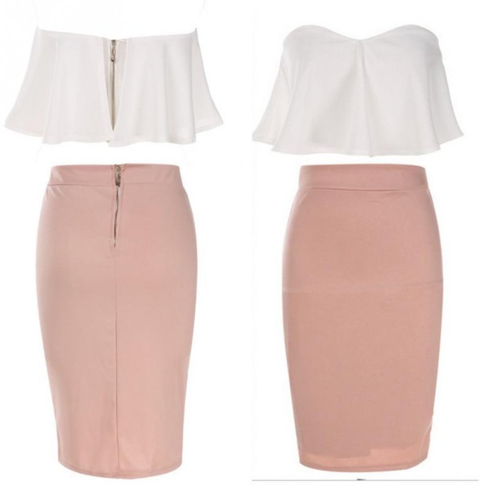 White Ruffle Crop Top and Nude Pencil Skirt